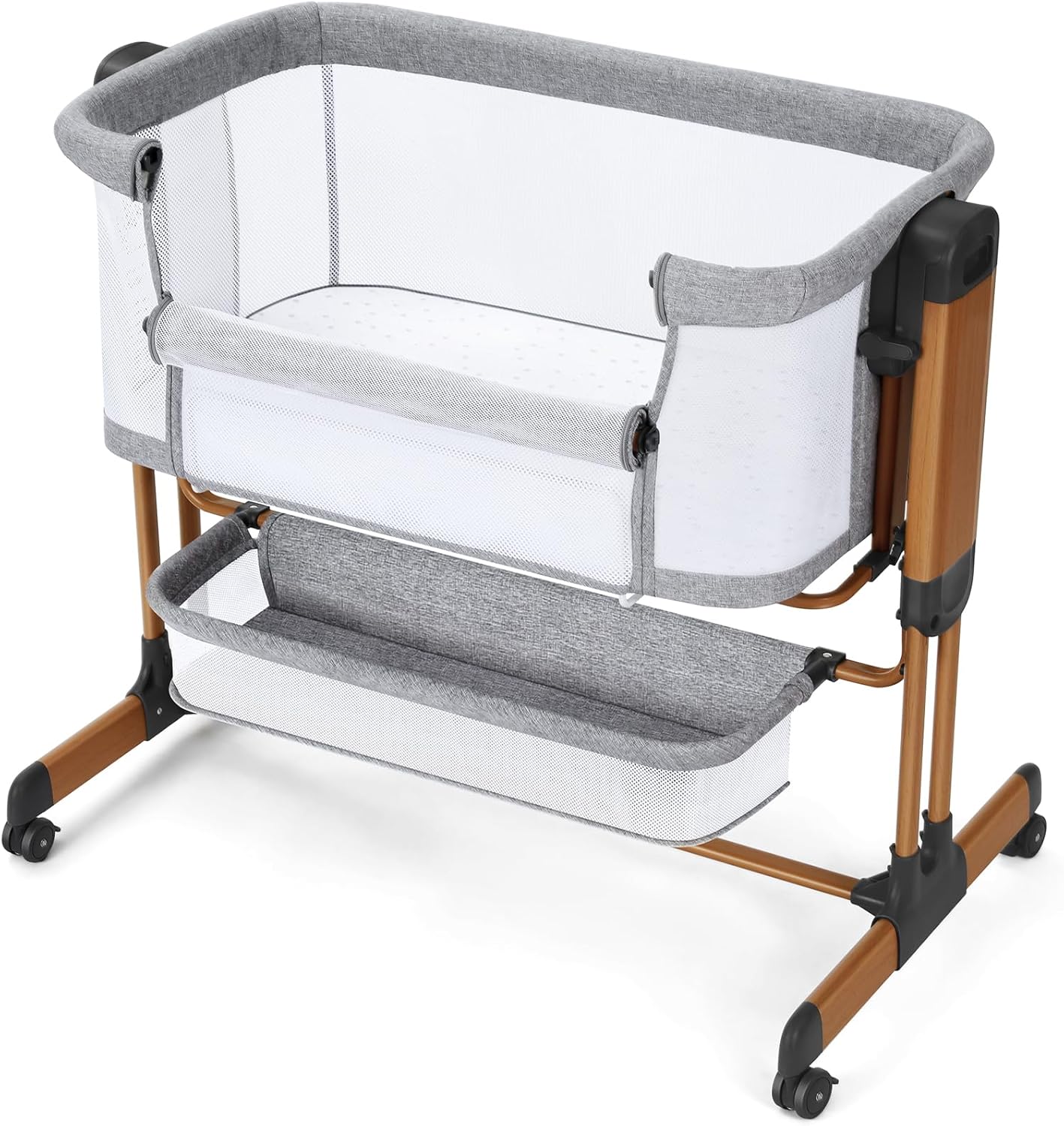 Ezebaby 3-in-1 Baby Bassinet, Rocking Baby Bassinets Bedside Sleeper, Adjustable Portable Crib for Newborn Infant with Wheels Storage Basket and Mesh Sides