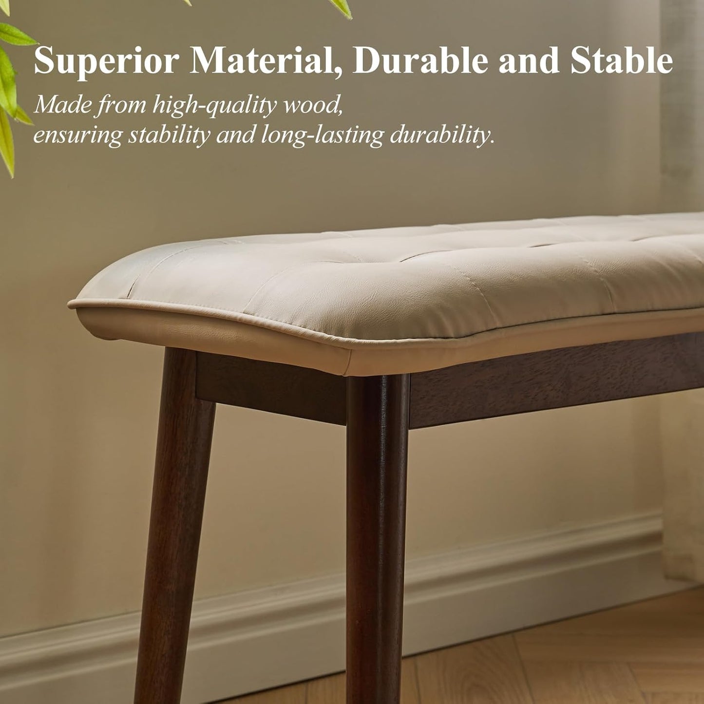 Entryway Bench, Solid Wood Dining Bench, Midcentury End of Bed Bench with PU Leather Padded Seat, Bedroom Bench, 47.24" L x 12.6" W x 17.72" H (Beige)