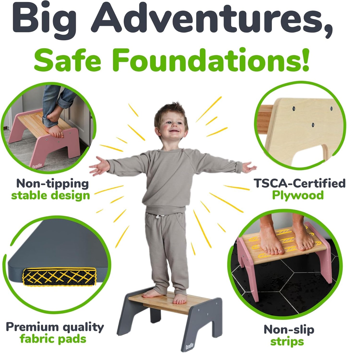 1-Step Wooden Step Stool for Toddlers | Kids Step Stool for Bathroom Sink, Kitchen, and Potty Training | Non-Slip Stool for Toilet Independence | Wooden Step for Children Ages 2+ Pink