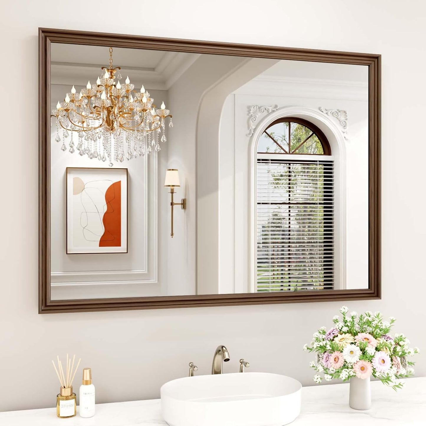WEER Retro Copper Bathroom Mirror, 48x36 Inch Bronze Oil Rubbed Framed Mirror, Rectangle Classic Vintage Framed Wall Mirror, Farmhouse Vanity Mirror, Tempered Glass, Vertically or Horizontally