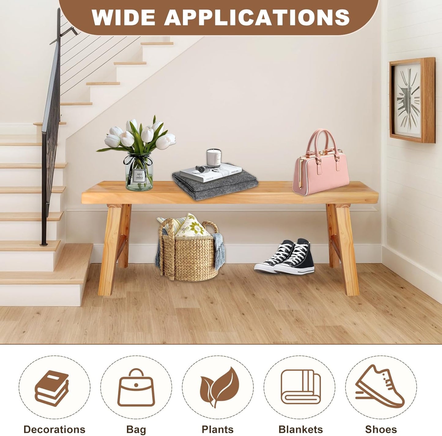 Farmhouse Solid Wood Bench: Long Rustic Indoor Narrow Wooden Bench for Entryway,Living Room, Dining Room,End of Bed,Hallway (55" Lx10 Wx18 H)