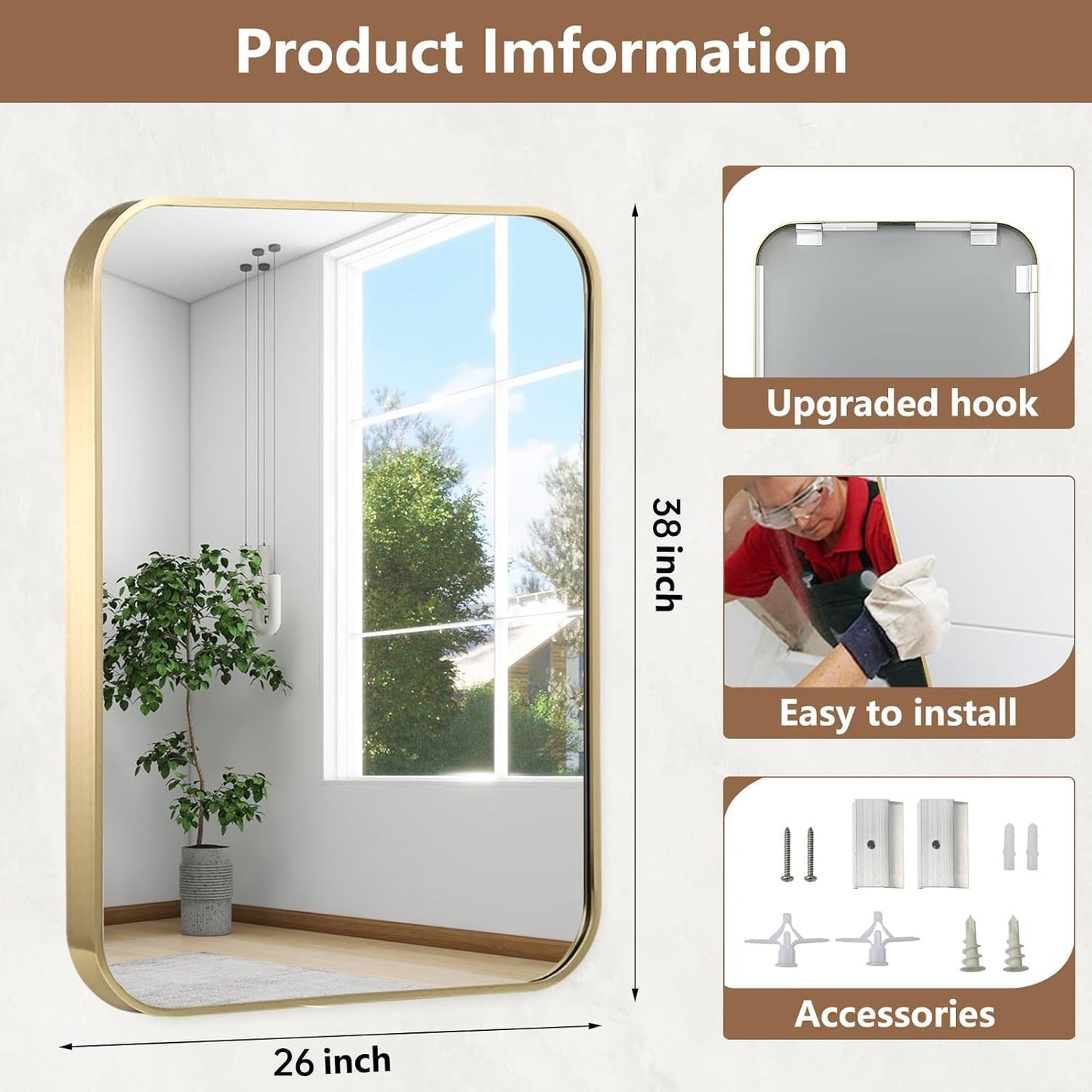 26x38 Inch Gold Bathroom Mirror, Brushed Brass Gold Metal Framed Rectangular Mirror with Rounded Corner, Bathroom Vanity Mirror for Bedroom or Living Room, Horizontal/Vertical