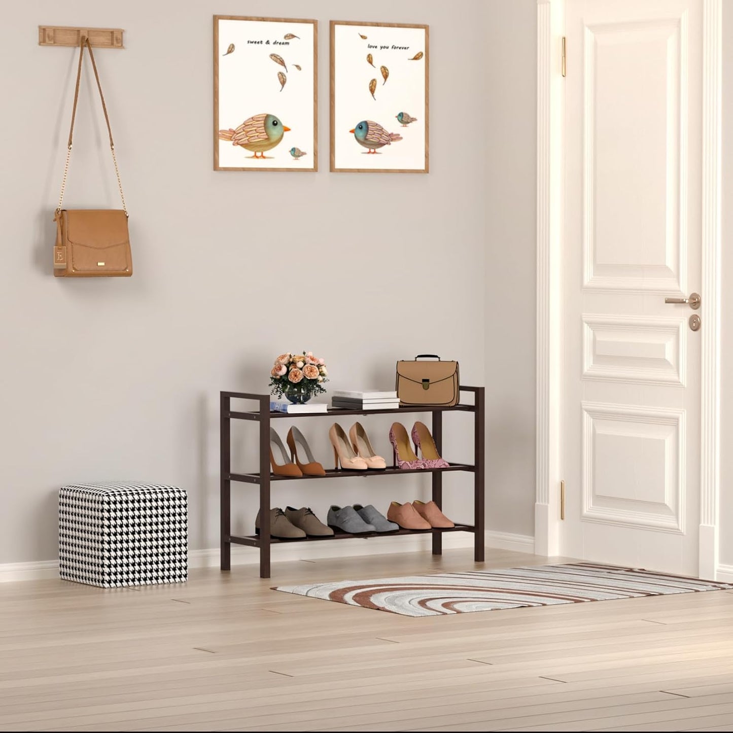 Haddockway Bamboo Shoe Rack for Closet, Free Standing Shoe Organizer with Smooth Round Rods & Convenient Handles, Stackable Shoe Storage Shelf for Entryway, Hallway(Brown, 3-Tier)