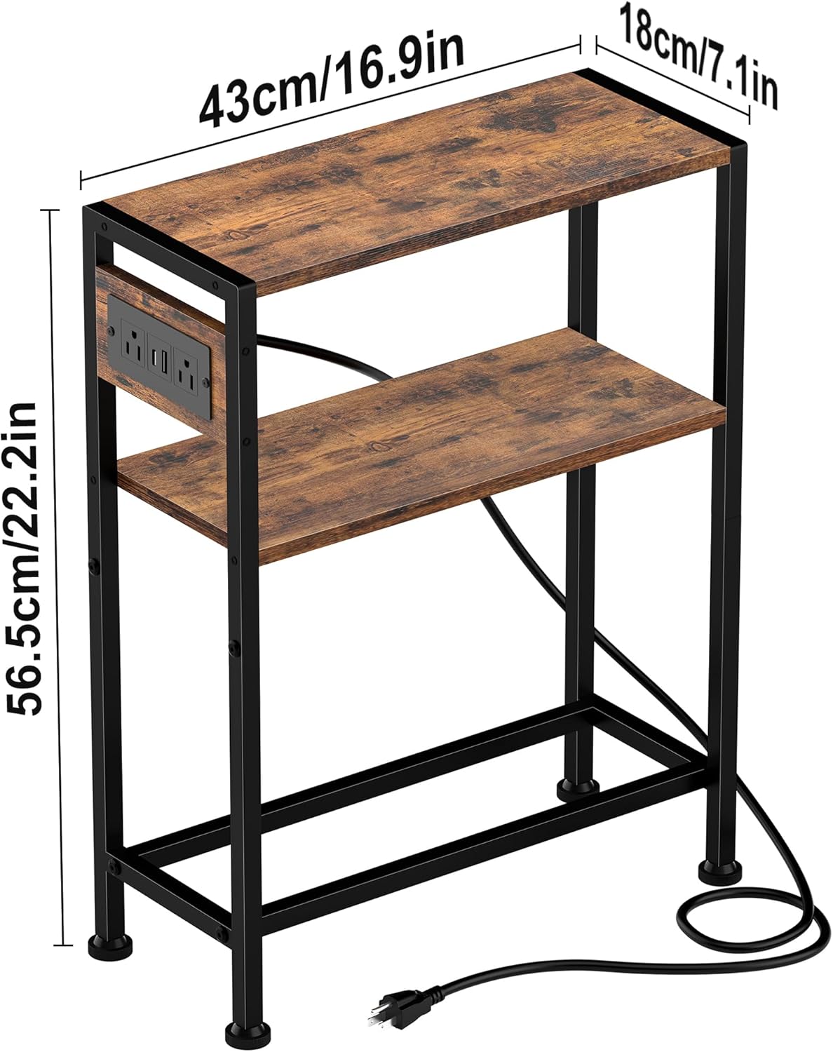 Small Narrow Side Table with Charging Station, Skinny End Table for Small Spaces, Slim Nightstand with Outlets, Sofa Bedside Table in Living Room, Bedroom, Study, Kitchen and Balcony (Rustic Brown)