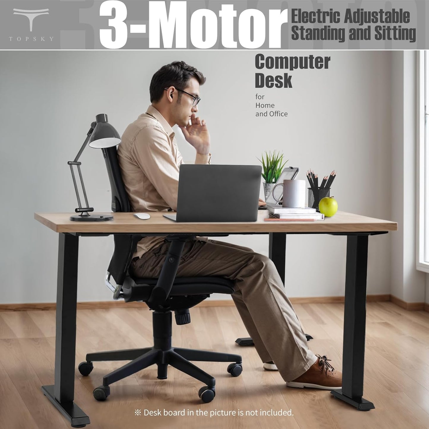 TOPSKY Electric Adjustable Standing and Sitting Computer Desk with 3 Legs for Home and Office 270lb Weight Capacity (Black, Triple)