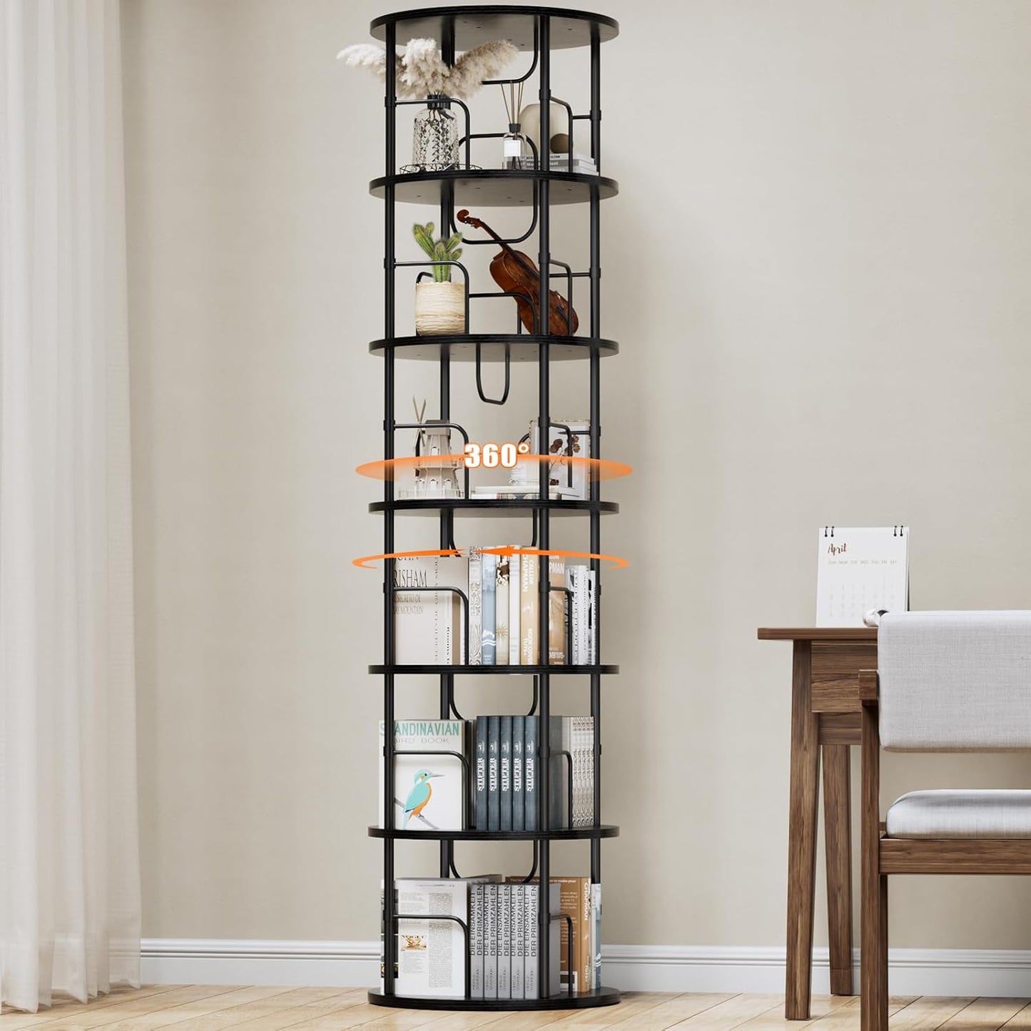 6 Tier Rotating Bookshelf, 360 ° Display Stackable Spinning Bookshelf Tower, Corner Bookshelf Tall Floor Standing Swivel Bookcase Narrow Storage Organizer for Bedroom, Living Room, Black