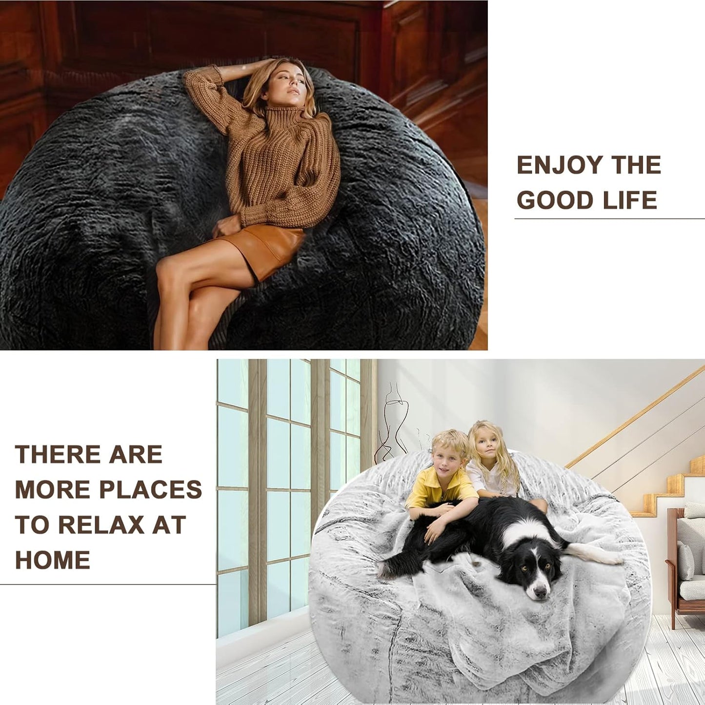 (No Filler) Bean Bag Chair Cover Without Filler,Big Round Soft Fluffy PV Velvet Washable Bean Bag Lazy Sofa Bed Cover for Adults,Living Room Bedroom Furniture Outside,5ft Dark Grey