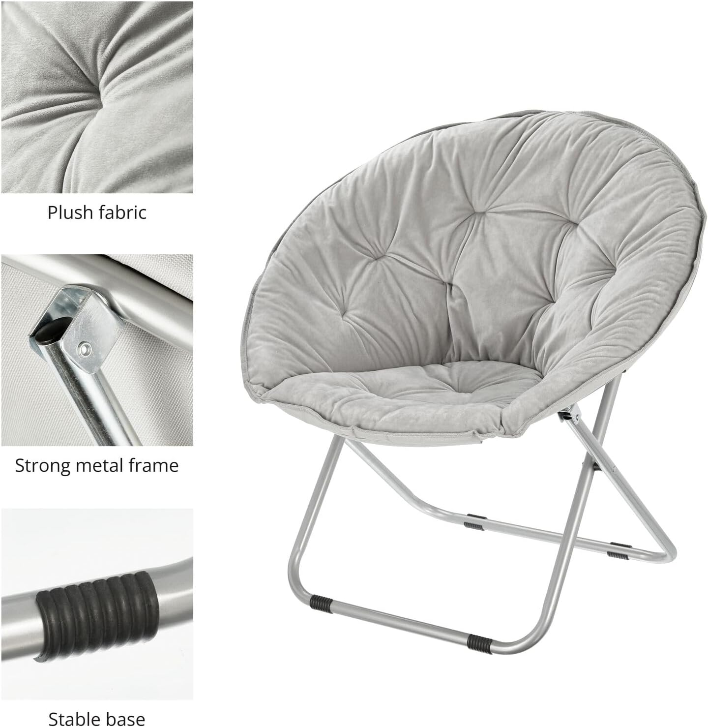 mDesign Urban Papasan Folding Moon Chair - Large Saucer UFO Chair with Collapsible Metal Frame - Fuzzy Foldable Dish Seat for Home Office, Living Room, Dorm Room, and Bedroom - Gray/Silver