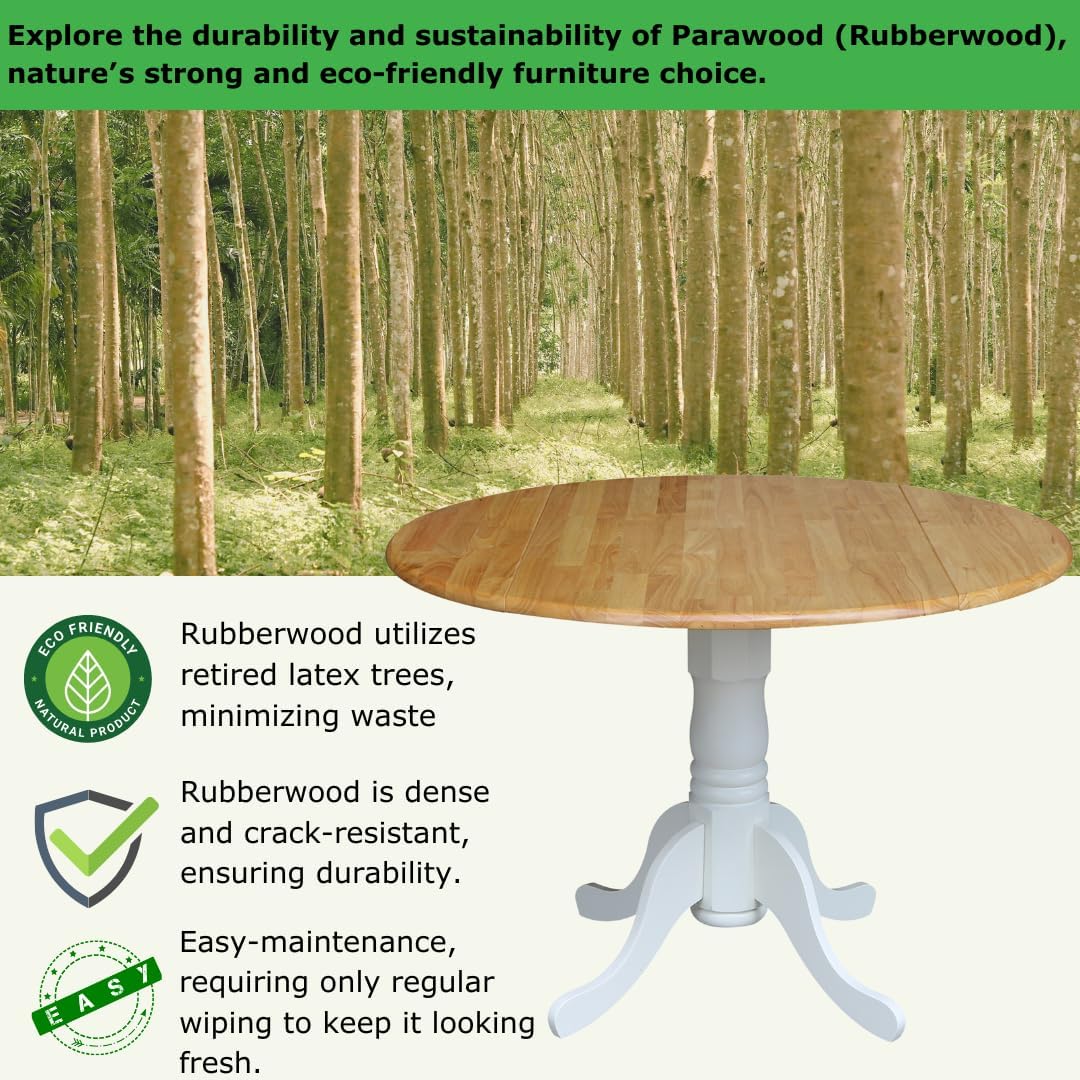 42" Round Dual Drop Leaf Pedestal Dining Table, Solid Wood, Easy Assembly, 20mm Top Thickness, Kitchen/Dining Room, Includes Two 9" Drop Leaves, Durable Parawood Construction, Unfinished