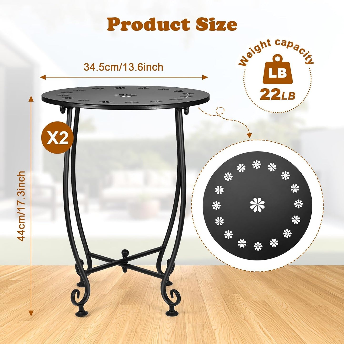 2 Pack Outdoor Side Tables for Patio, Weather Resistant Steel Patio Side Table, Small Round Outdoor End Table Metal Side Table for Patio Yard Balcony Garden Black (Petal)