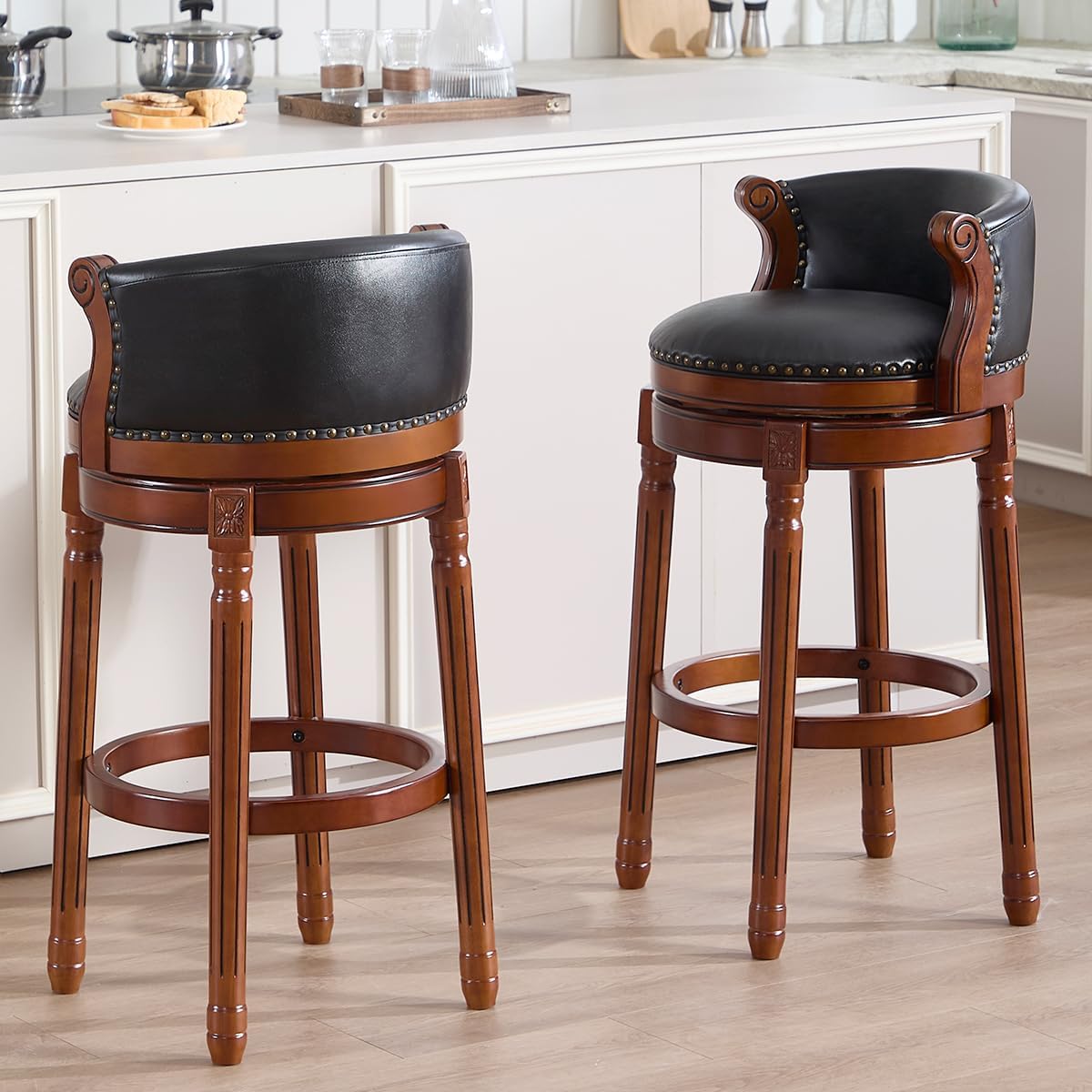 Cow top Leather Wooden Bar Stools, 29.5" Bar Height Bar Chair with Back, 180 Degrees Swivel Barstools Chair for Home Kitchen Counter,Dining Room (Black-1pc, Bar Height-Seat Height 29.5”)
