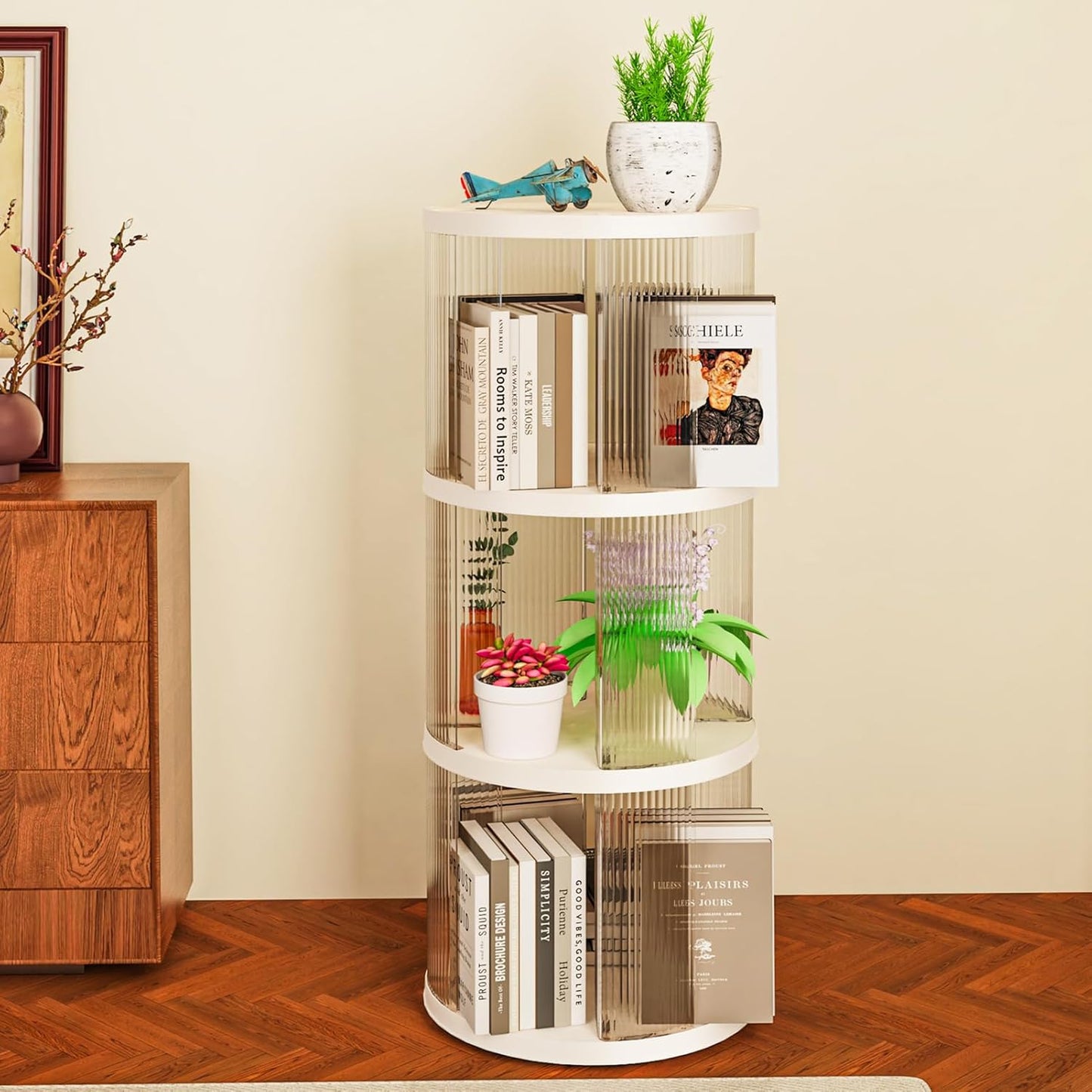 3 Tier Rotating Bookshelf Spinning Bookshelf Tower Swivel Bookcase Round Book Shelf for Small Space Revolving Bookcase for Playroom Bedroom Living Room