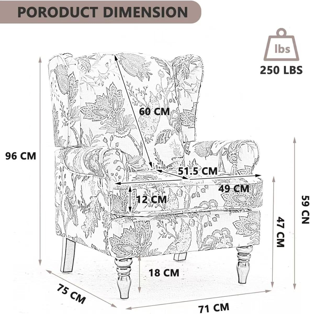 Ball & Cast Modern Accent Chair,Comfy Upholstered Armchair with Retro Wood Legs,Floral Design Single Sofa Chair,Living Room Furniture for Apartment,Bedroom,Office,Linen Fabric,Floral Cyan