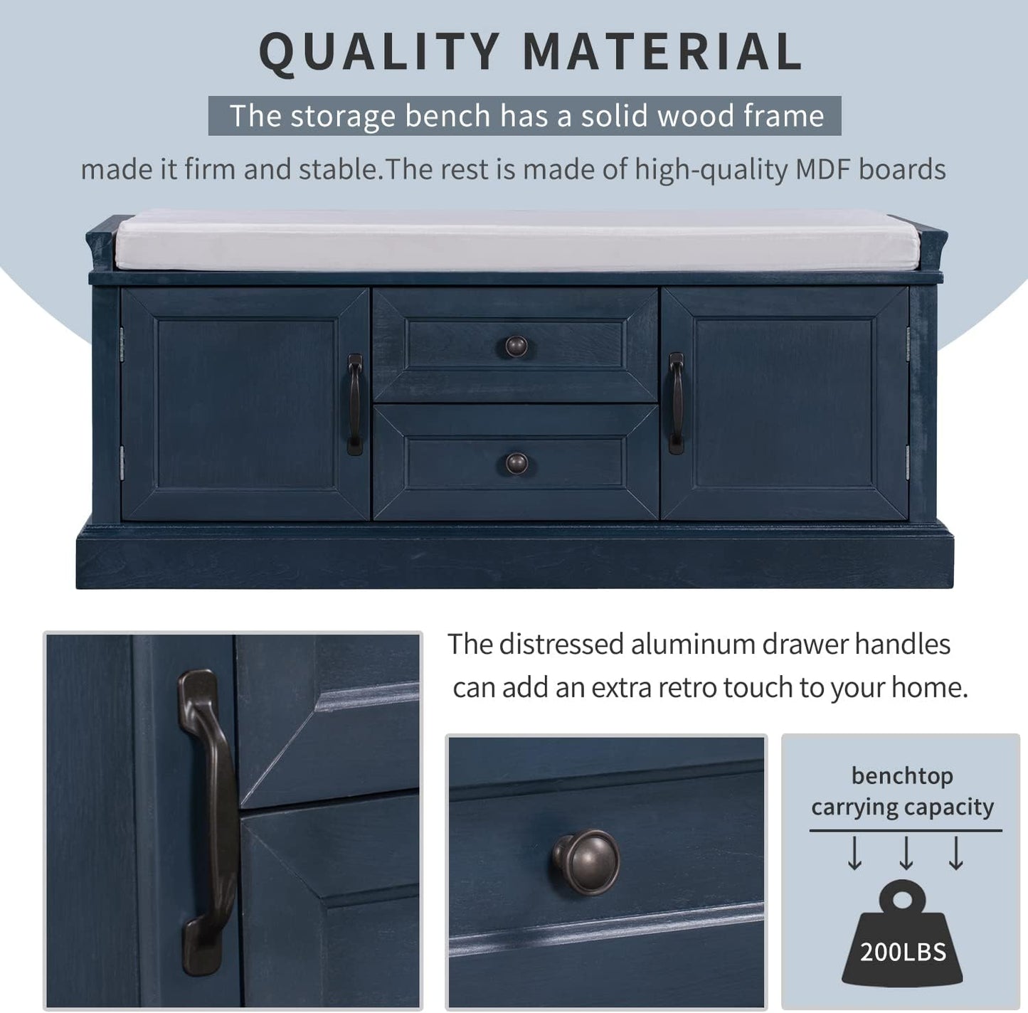 42″ Storage Bench with 2 Drawers and 2 Cabinets，Multipurpose Entryway Shoe Rack W/Removable Cushion，for Living Room Hallway Porch,Antique Navy