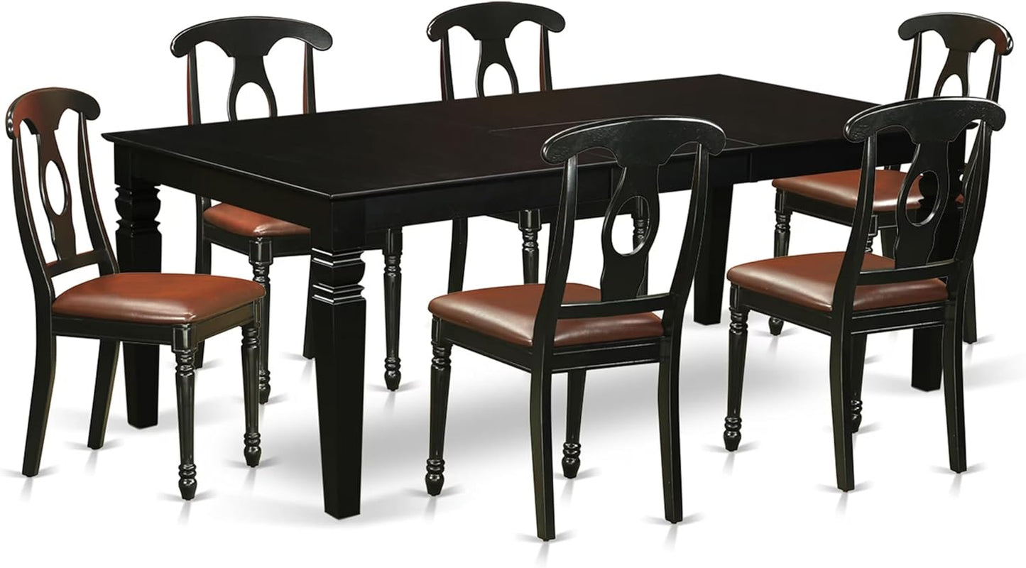 East West Furniture LGKE7-BLK-LC 7 Piece Modern Dining Table Set Consist of a Rectangle Wooden Table with Butterfly Leaf and 6 Faux Leather Dining Room Chairs, 42x84 Inch, Black