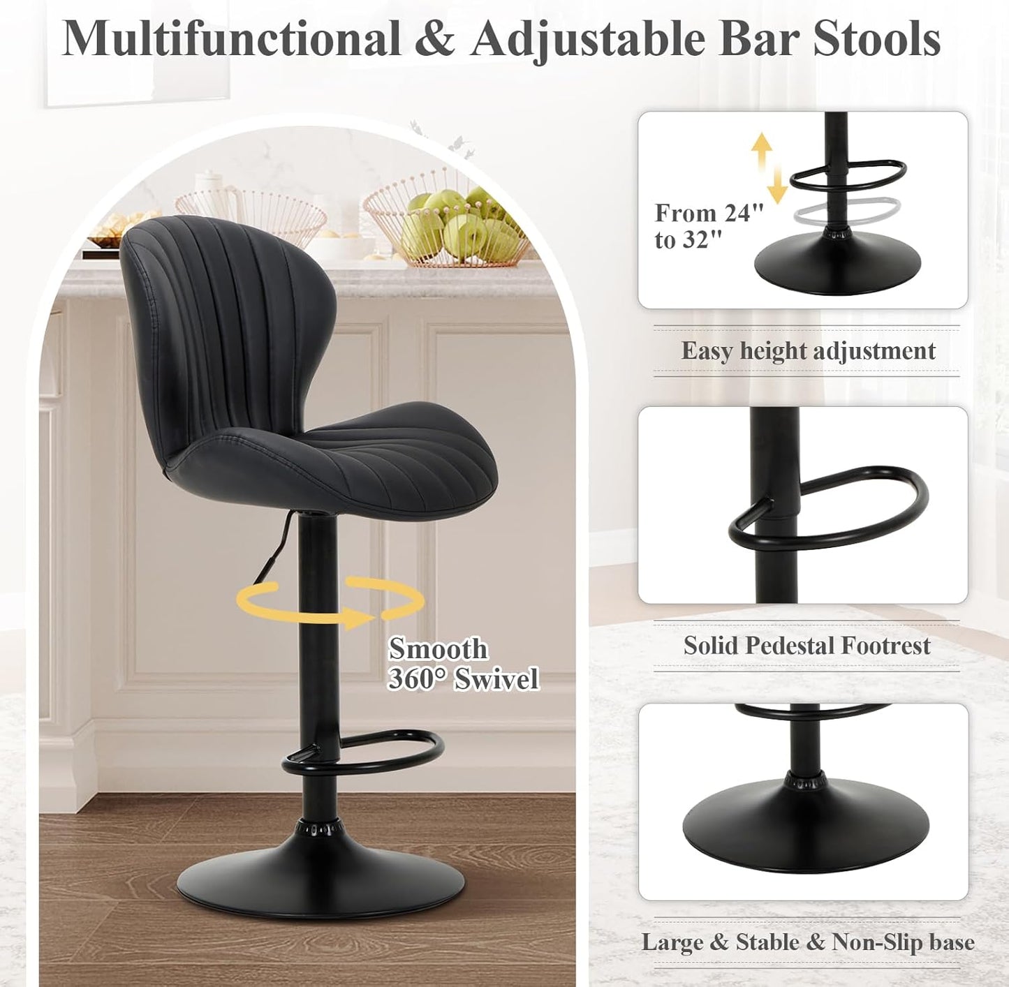 COLAMY Bar Stools Set of 3, Modern Swivel Bar Chairs, Adjustable Faux Leather Upholstered Barstools Counter Height with High Backrest for Bar, Kitchen Island, Dining Room, Black