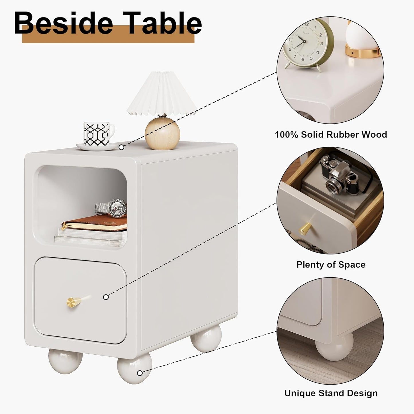 Solid Wood Night Stand, Narrow Nightstand with Drawers, White Mid Century Modern Nightstand, Small Beside Table with Open Storage Shelf for Bedroom (10 inch)