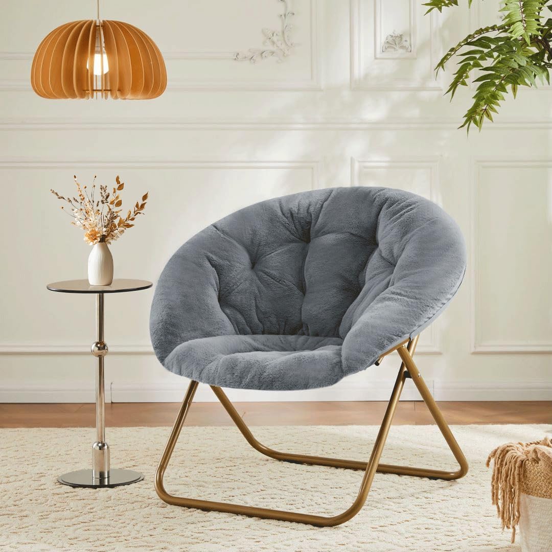 Comfortable Cozy Faux Fur Disc Chair Foldable Feature for Bedroom, Living Room and Dorm, Adult-Sized Relaxation, Grey