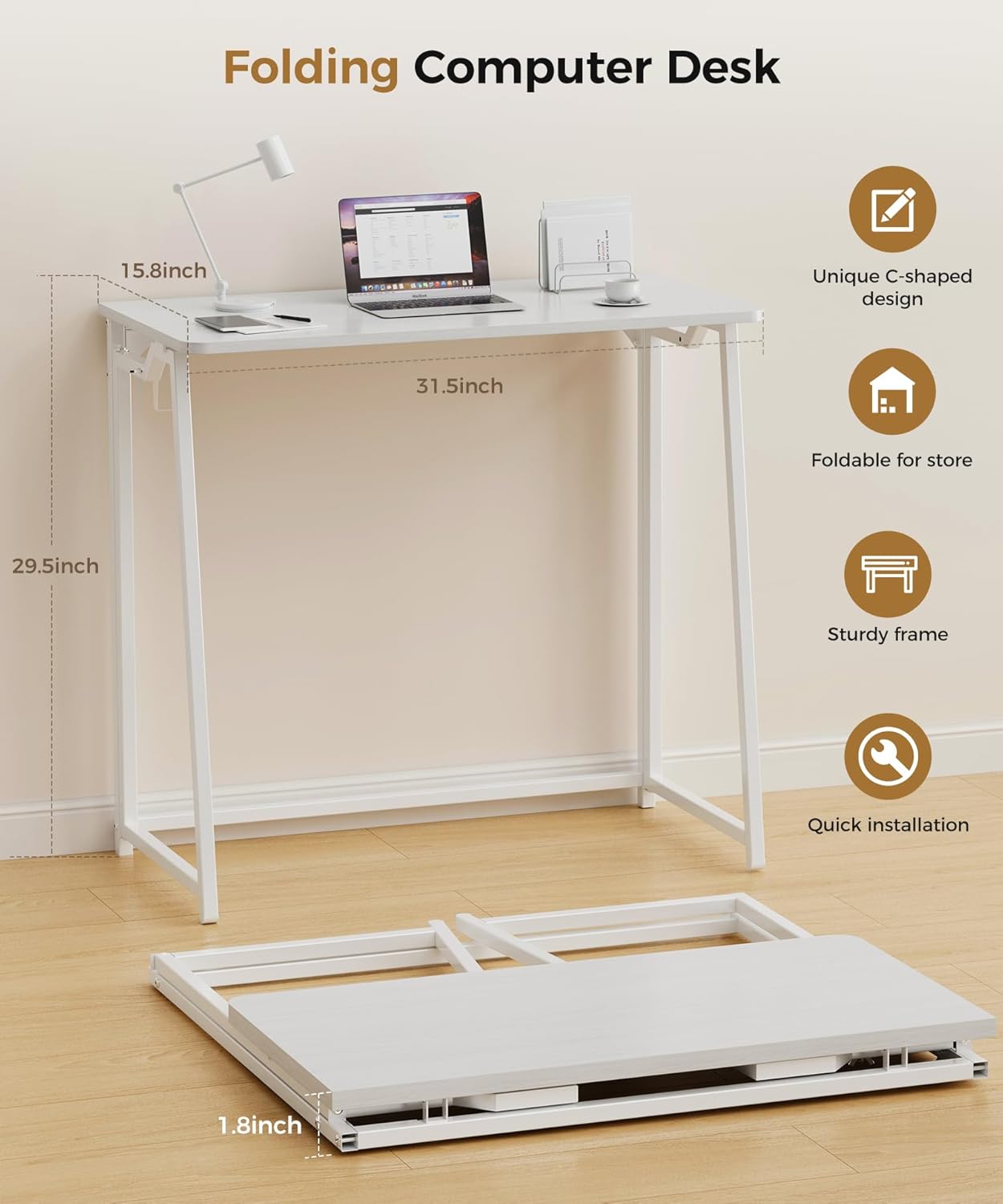 Folding Desk Small Foldable Desk for Small Space, 31.5 Inches Writing Computer Desks in Study, Home Office Foldable Office Desks for Bedroom, White