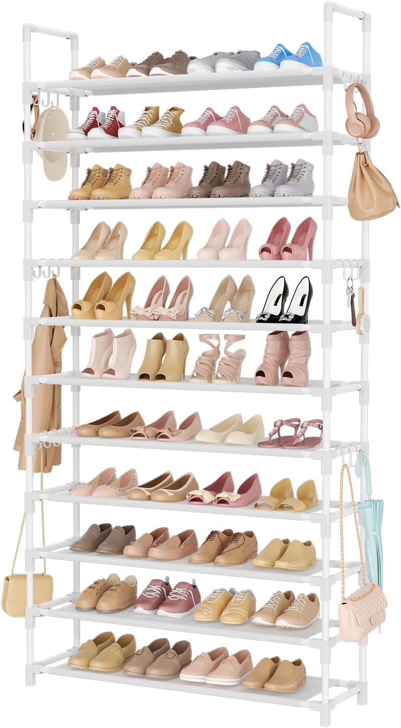 11 Tiers Tall Shoe Rack Holds 55 Pairs of Shoes with 18pcs Hooks Sturdy Wide Shoe Organizer Storage Free Standing Metal Shoe Shelf for Closet, Entryway White