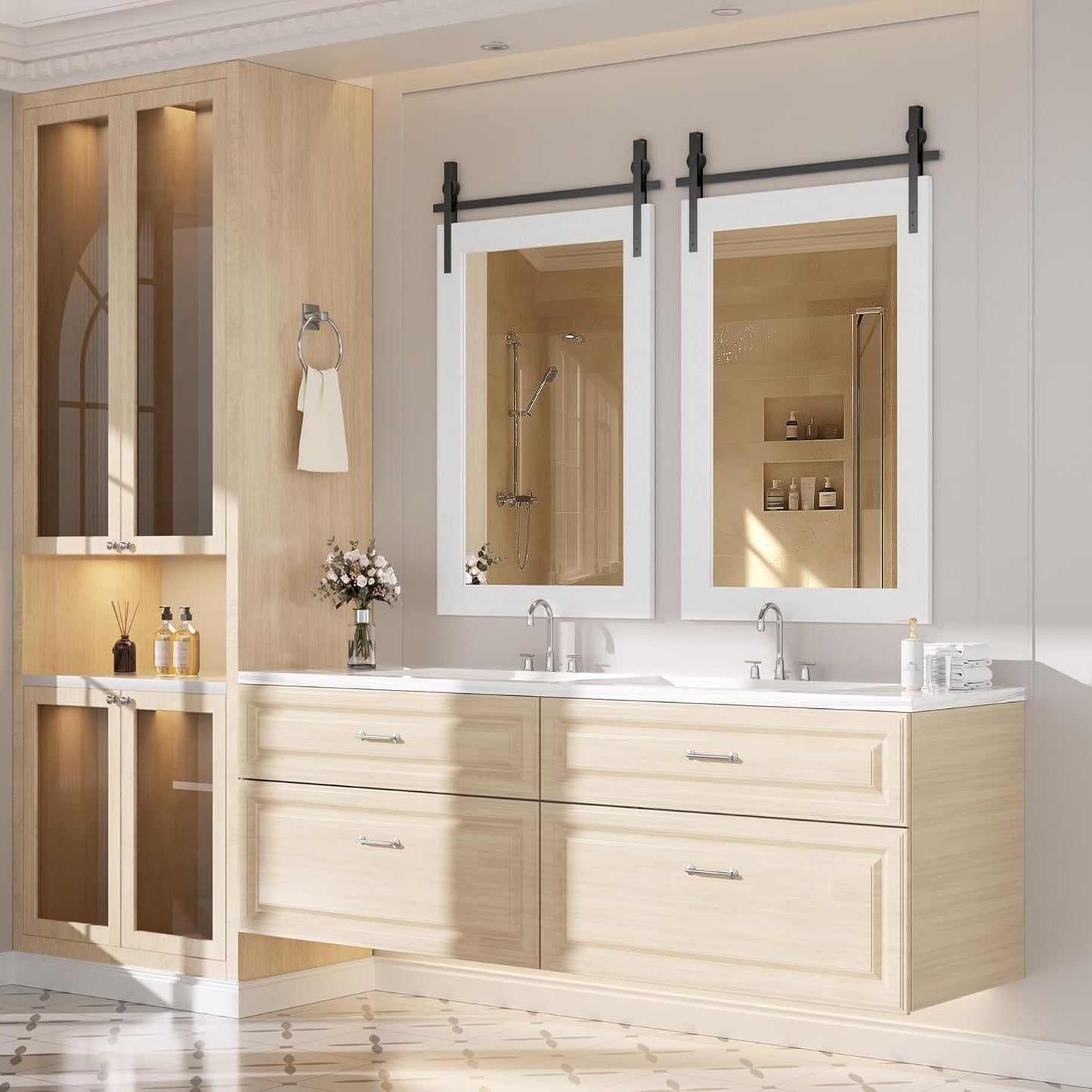 Hasipu Farmhouse Bathroom Mirror, 24"x36" Rustic Wood Framed Wall Mounted Mirror, White Vintage Vanity Mirror Barn Door Style Decrative Mirrors