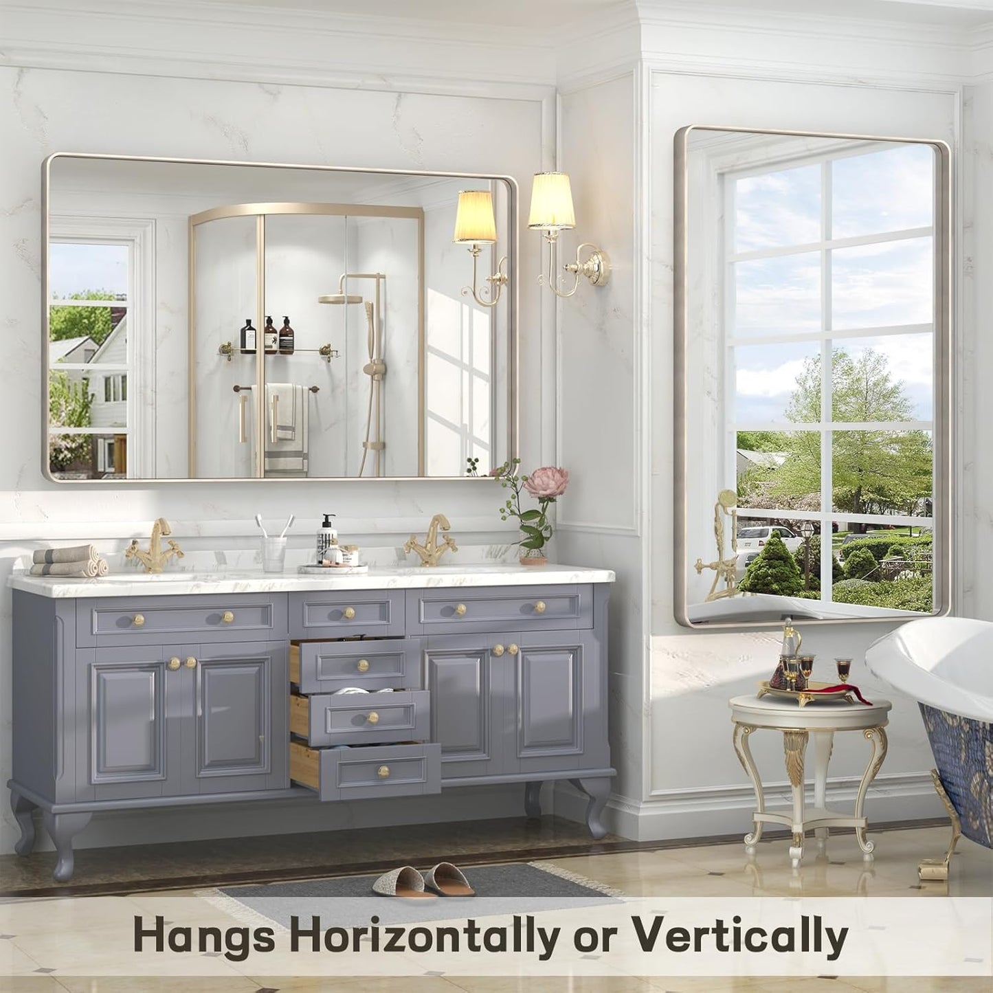 40x32 Inch Brushed Nickel Bathroom Mirror, Brushed Silver Metal Framed Wall Mirror, Rounded Corner Rectangle Modern Vanity Mirror, Tempered Glass, Anti-Rust, Shatterproof (Horizontal/Vertical)