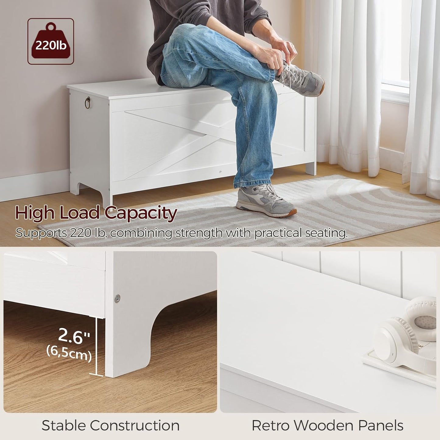 43.3" Toy Chest, Sturdy Entryway Storage Chest with Safety Hinges, Retro Toy Box, Wooden Look Accent Furniture for Living Room, Bedroom, White SCWT48501