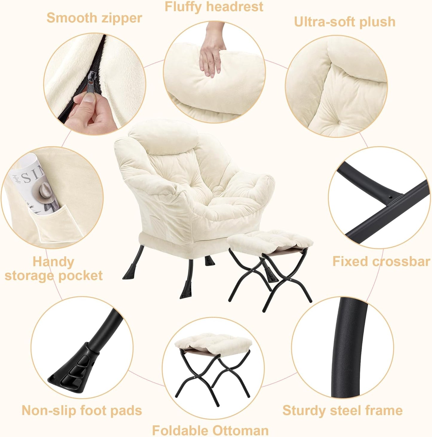 Fabric Lazy Chair with Ottoman, Oversized Upholstered Sofa Chair for Adults, Plush Comfy Lounge Chair with Large Side Storage Pocket, Reading Chair for Living Room, Bedroom, Study Room, Beige