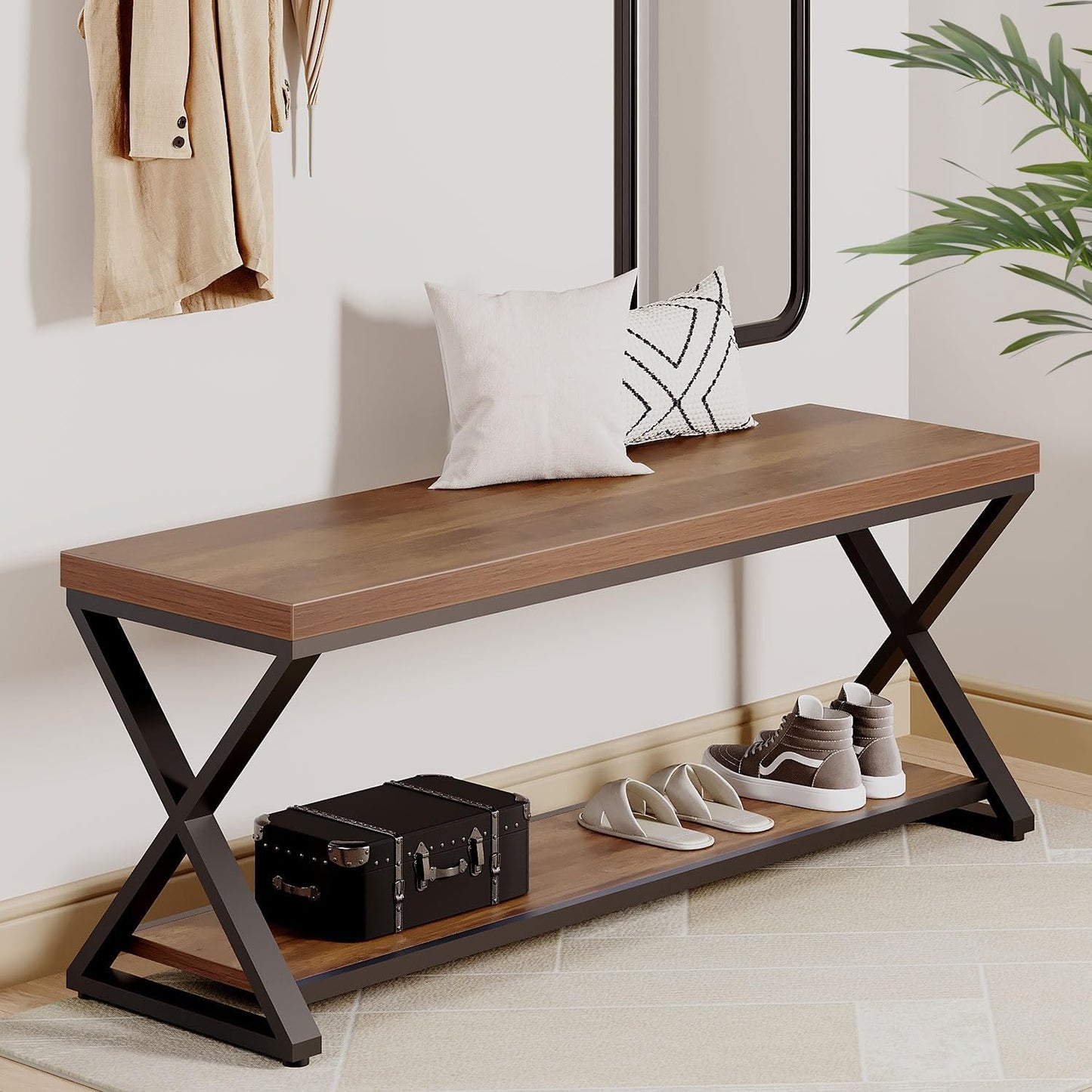IBF Wood Entryway Bench, Wooden and Metal Bedroom Indoor Bench, Industrial Shoe Bench with Storage and Seating, Farmhouse Entry Bench for Foyer Entrance Hallway Living Dining Room, Rustic Oak, 47 Inch
