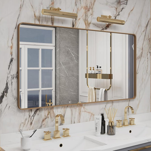 55x30 Gold Bathroom Mirror, Brushed Metal Frame Gold Vanity Mirror, Large Rectangle Mirror for Wall, Rounded Corner, Shatterproof, Anti-Rust (Horizontal/Vertical)