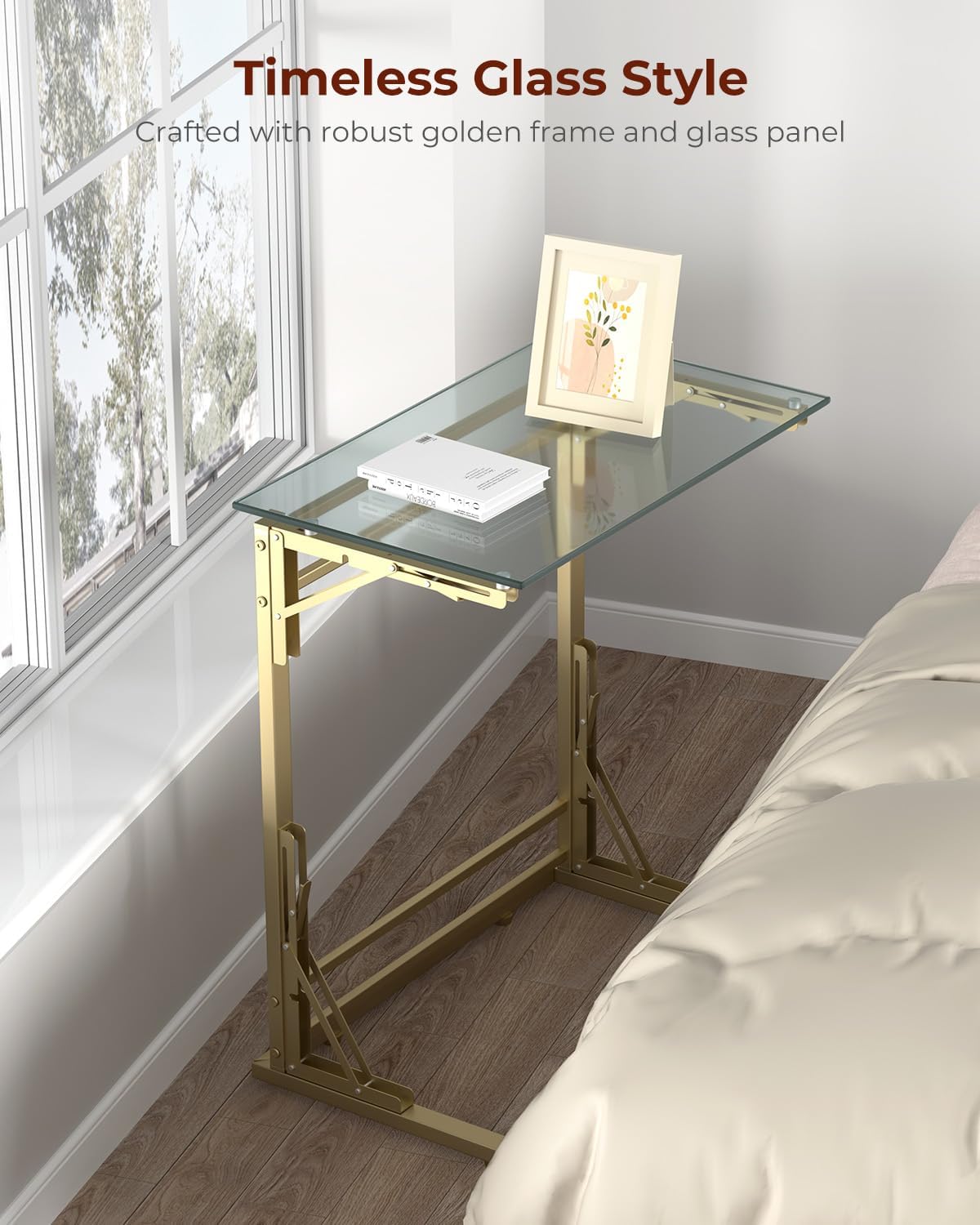 Tatub 24" Folding TV Tray Table Set of 2, Glass C Shaped End Table for Couch, Small Sofa-Side Laptop Desk with Gold Metal Frame for Living Room, Bedroom, Bedside