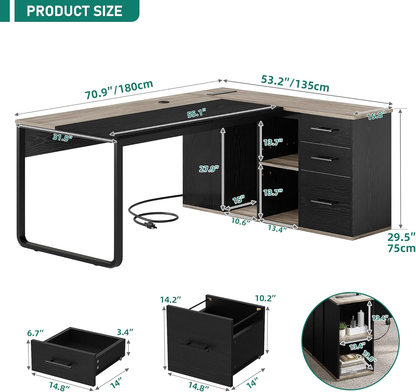YITAHOME Executive Desk with Power Outlets, 71" L Shaped Desk with File Cabinet, Executive Desk with Drawers & Storage Shelves, Corner Office Desk with Bookshelf for Home Office, Grey & Black