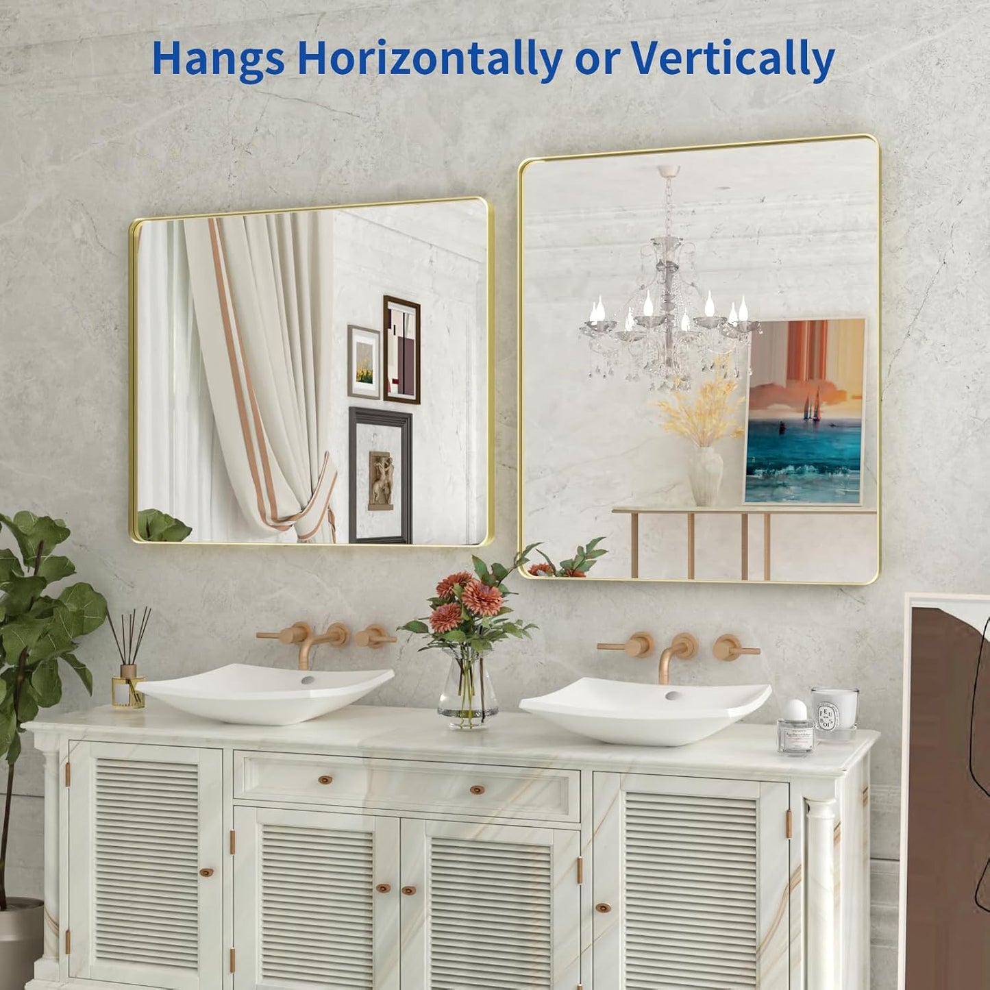 WEER Gold Bathroom Mirror, 36X30 Inch Brushed Gold Metal Frame Mirror, Rounded Rectangle Gold Bathroom Vanity Mirror for Wall, Tempered Glass, Anti-Rust, Hangs Horizontally or Vertically