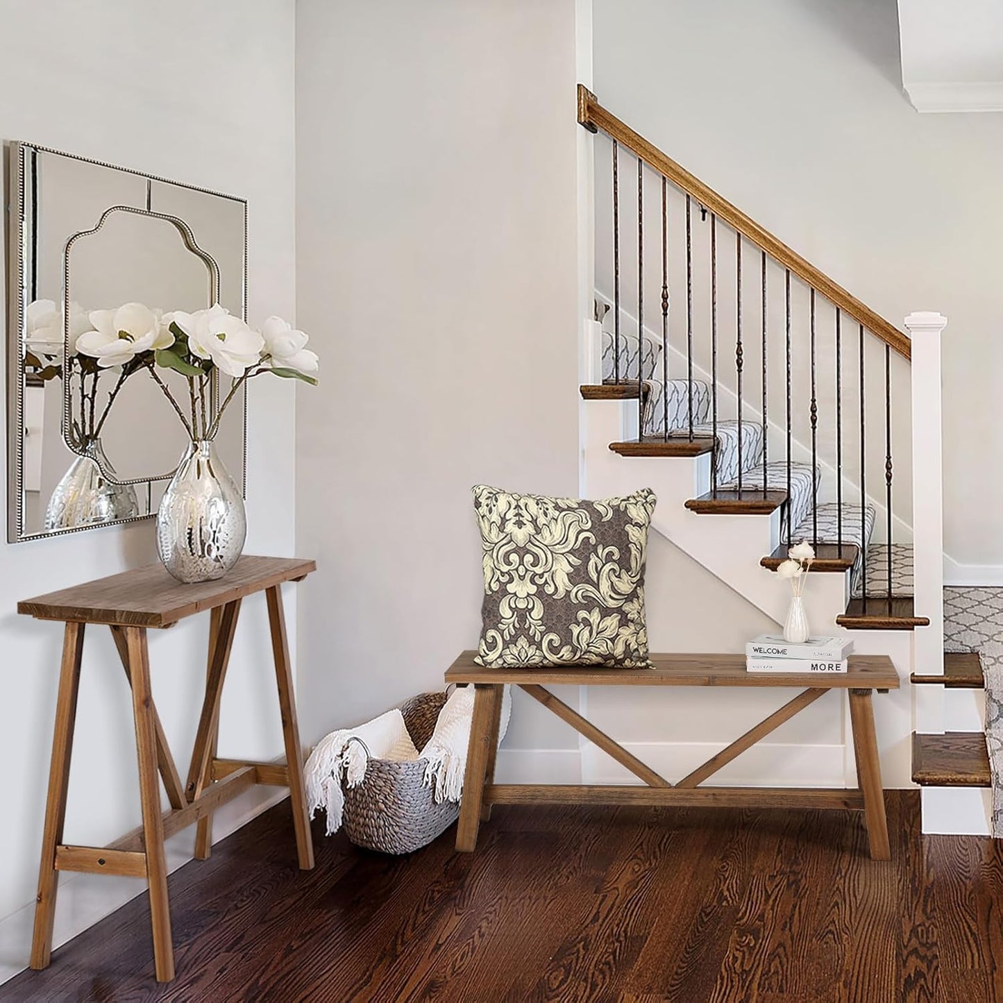 Wnutrees 43" Farmhouse Wood Bench, Narrow Bench, Long Bench Seat for Entryway, Living Room, Dining Room, Solid Wood, Natural