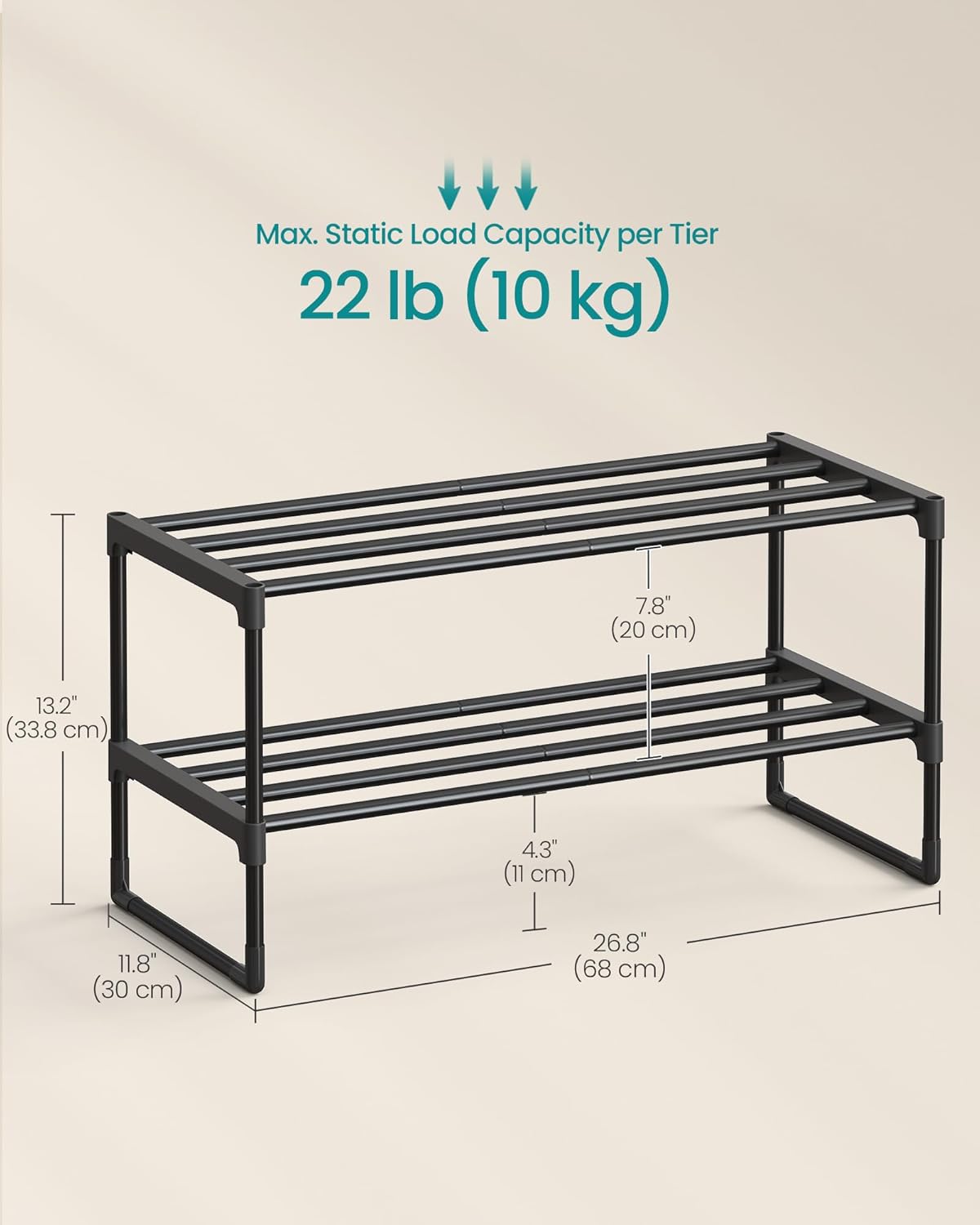 SONGMICS Shoe Rack, 2-Tier Shoe Organizer, Metal Storage Shelf, Upright or Upside Down, for 6-9 Pairs, Stackable, for Entryway, 11.8 x 26.8 x 13.2 Inches, Black ULSA202B01
