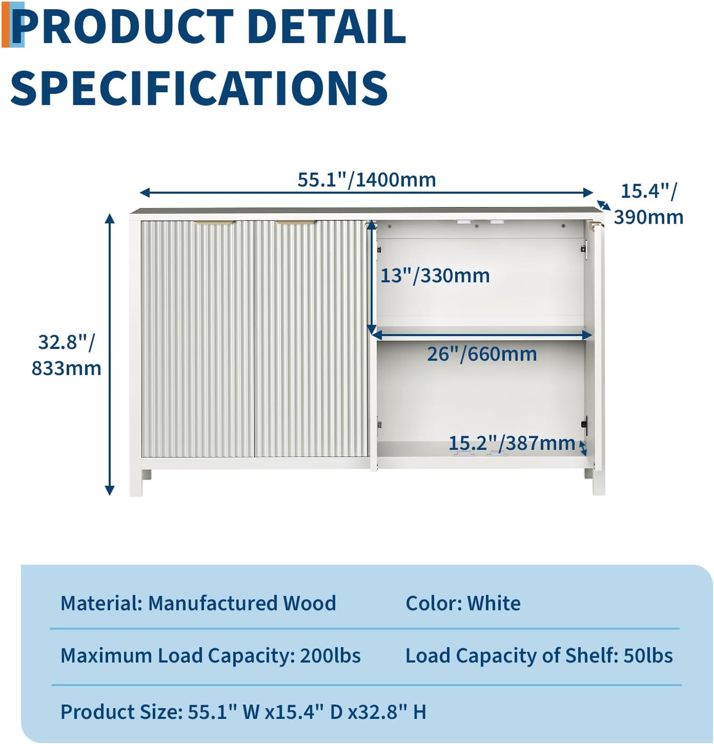 Buffet Cabinet with Storage, 55" Sideboard with 4 Doors and Adjustable Shelves, Modern Credenza Buffet Table Media Console for Dining Room Living Room Entryway, White