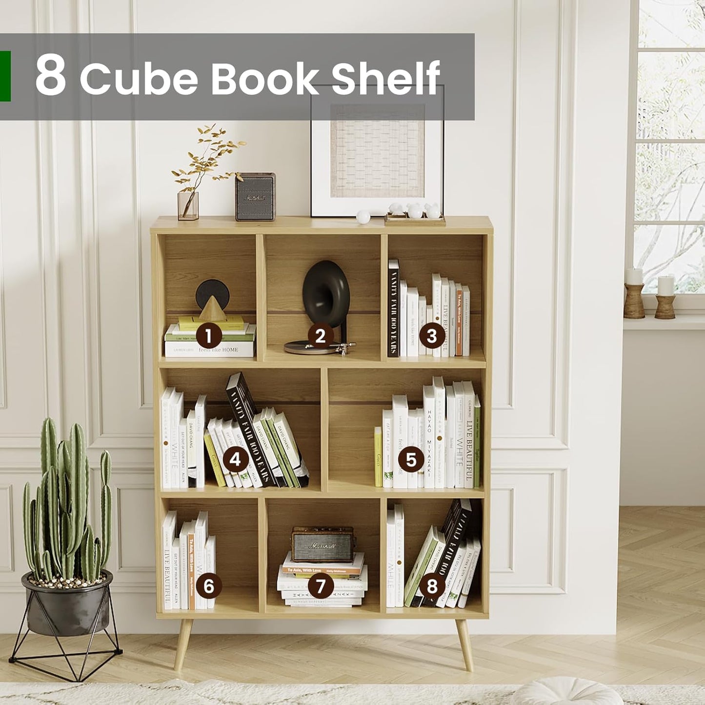 Bookshelf, 3-Tier 8 Cube Open Wooden Book Shelf with Legs, Floor Standing Office Bookcase, Wooden Bookcase for Office Furniture, Cubby Storage Organizer for Living Room/Bedroom