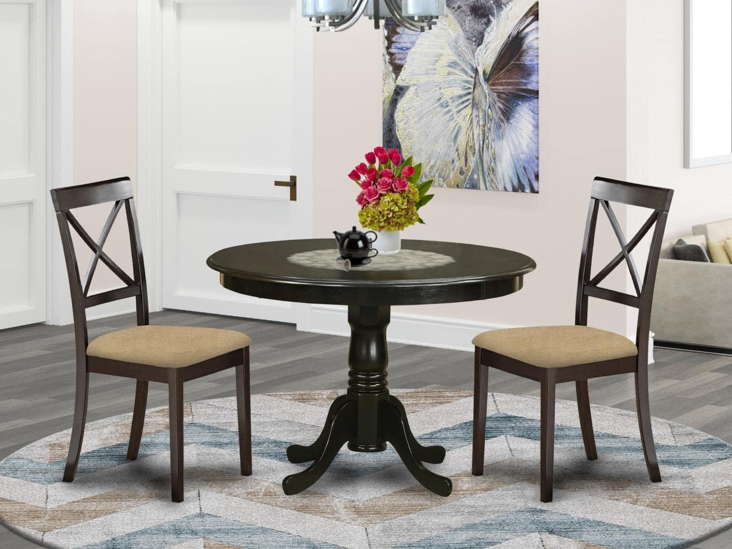 East West Furniture HLBO3-CAP-C 3 Piece Dining Table Set for Small Spaces Contains a Round Dining Room Table with Pedestal and 2 Linen Fabric Upholstered Chairs, 42x42 Inch, Cappuccino