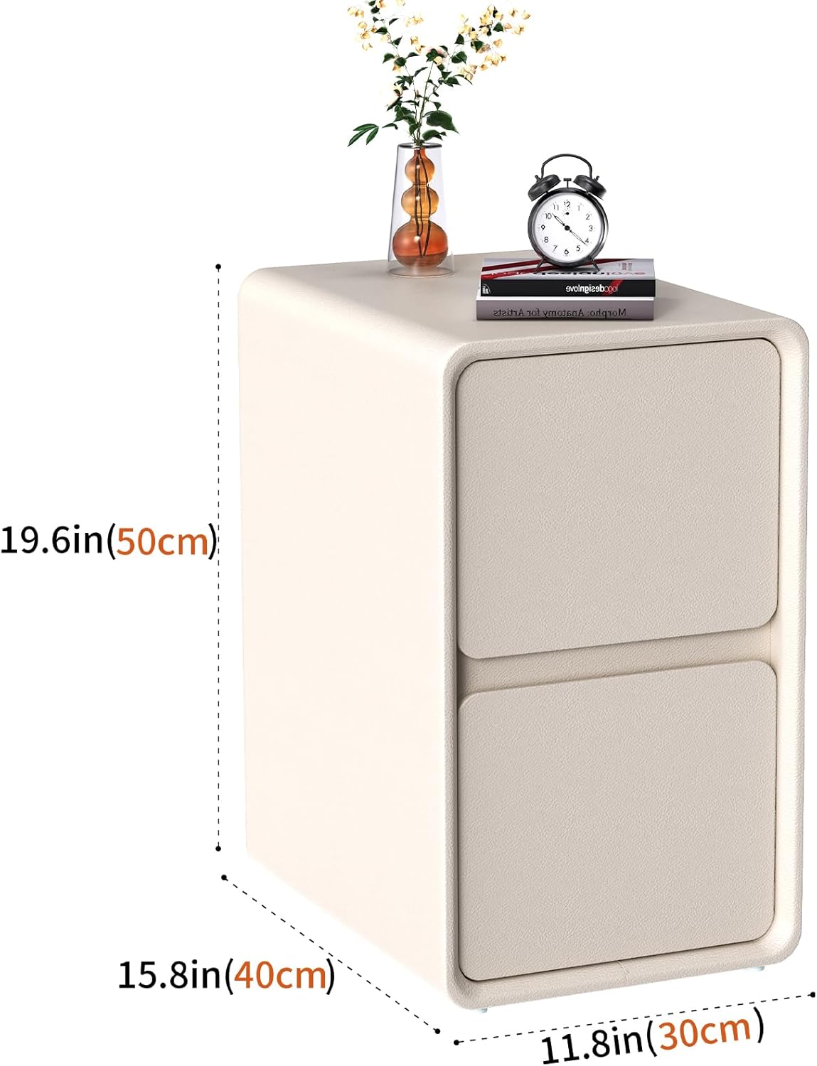 VICITON Modern Narrow Faux Leather Nightstand, Solid Wood Drawer, Storage Accent Table, Small Side End Table for Bedroom (Cream White, Nomal(12 inch))