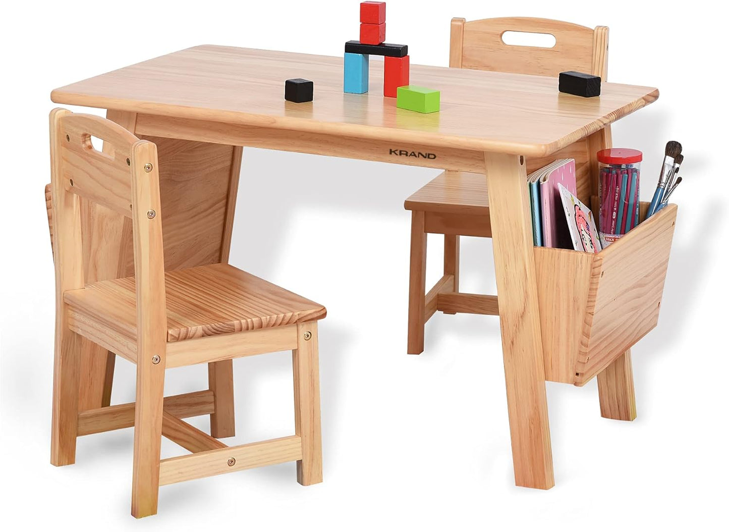 Kids Solid Wood Table and 2 Chair Set with Storage Desk and Chair Set for Children Toddler Activity Table (Solid Wood/Natural)