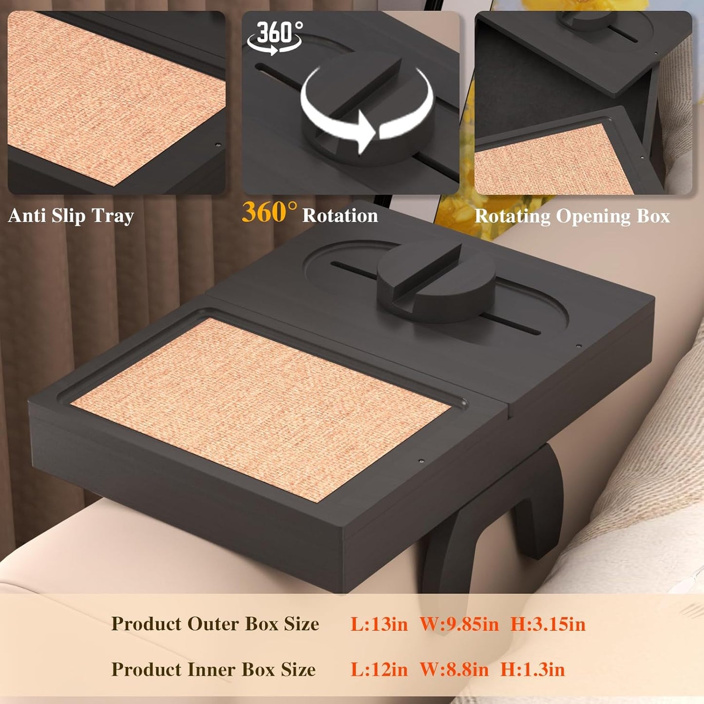 Bamboo Couch Armrest Table with Couch Cup Rest,Non-Slip Armrest Tray Table for Couch,Adjustable Sofa Table with Rotating Phone Holder,Perfect for Living Room and Dining,Black