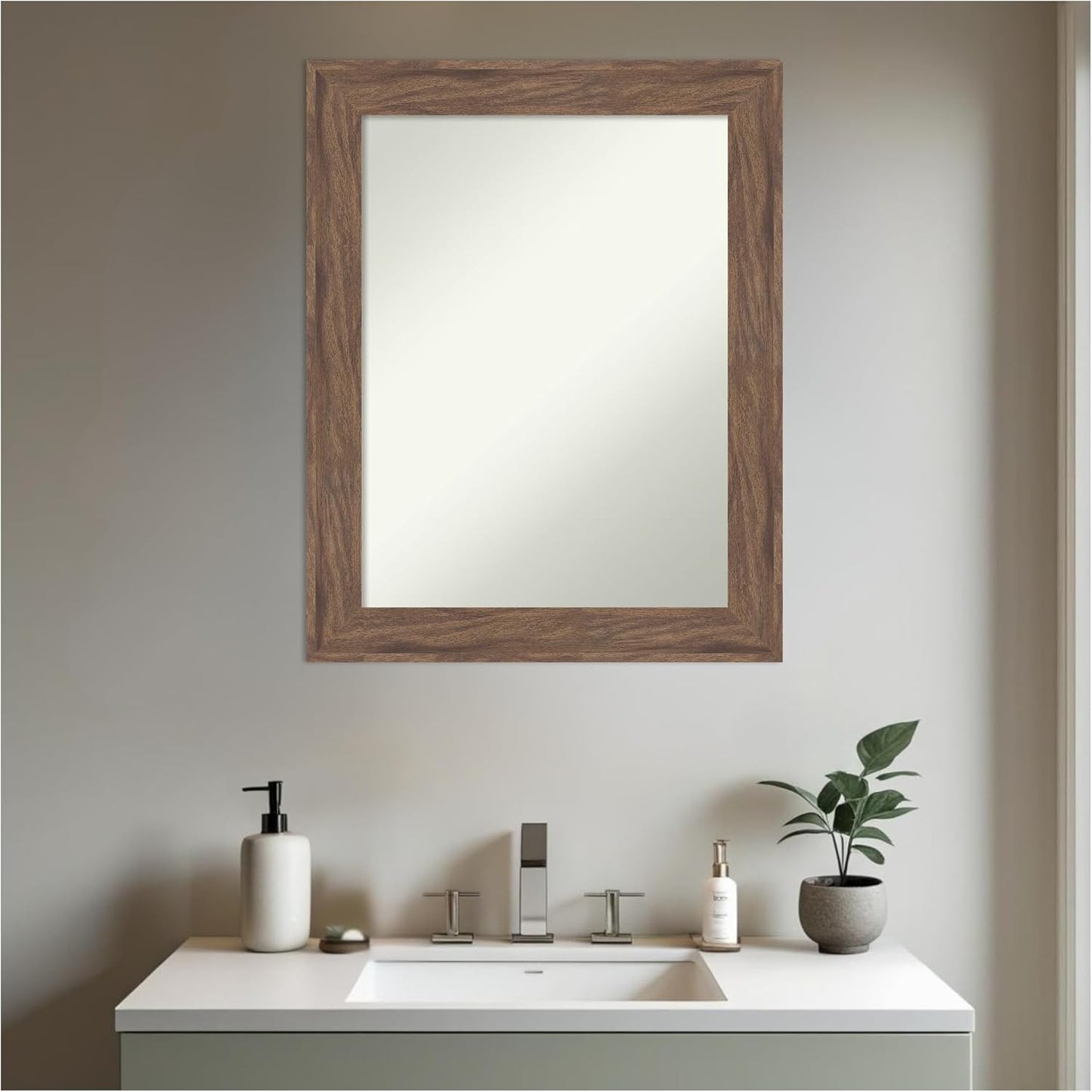 Amanti Art Brown Bathroom Mirror for Over Sink, 29x23 Pia Medium Brown Rectangle Vanity Mirror, Medium Casual Frame, Hangs Horizonally and Vertically, Bathroom Wall Decor, Non-Beveled Edge