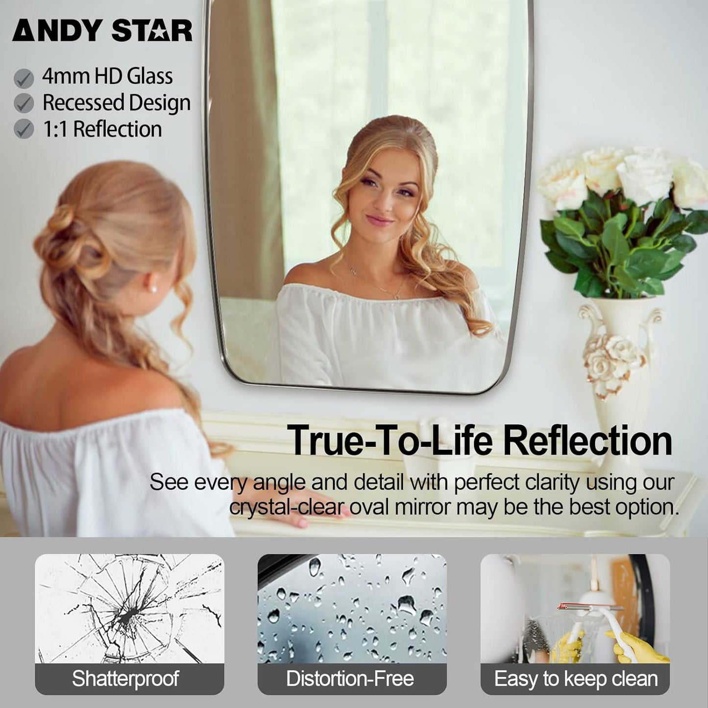 ANDY STAR Brushed Nickel Bathroom Mirror, Large 24x36’’ Brushed Nickel Metal Framed Oblong Wall Mirror, Modern Nickel Oval Vanity Mirror