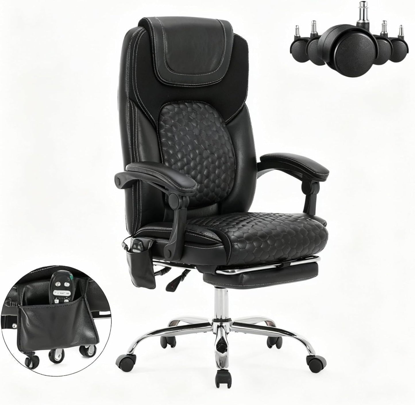 Massage Office Chair with Heat and Footrest –Reclining Desk Chair, Big and Tall Leather Computer Chair with Wheels, PU Executive Office Chair for Home, Gaming, Study, 300 lbs,Black