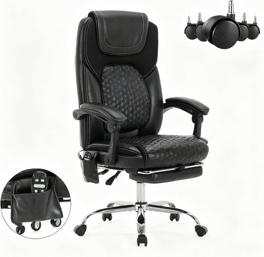Massage Office Chair with Heat and Footrest –Reclining Desk Chair, Big and Tall Leather Computer Chair with Wheels, PU Executive Office Chair for Home, Gaming, Study, 300 lbs,Black