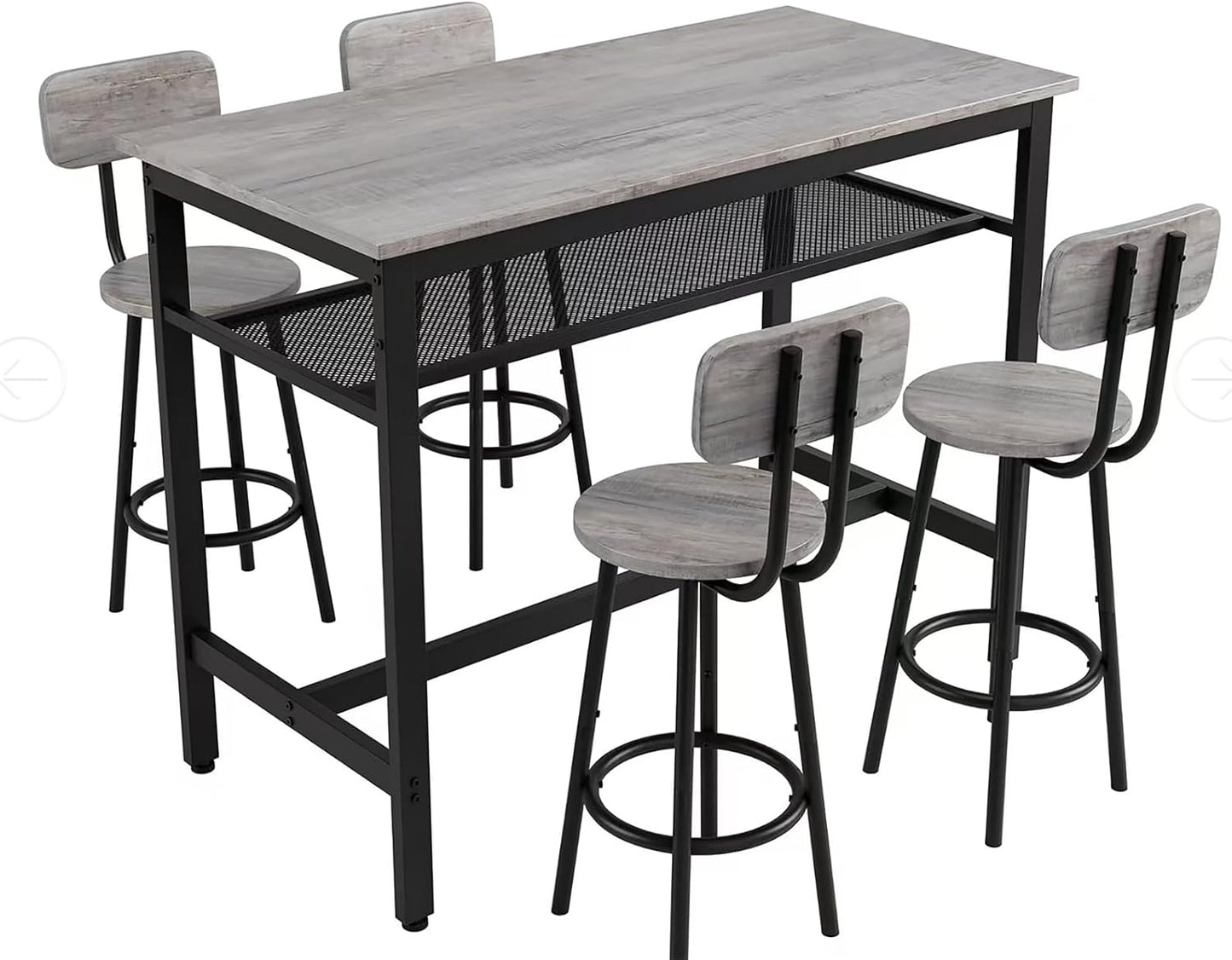 5-Piece Bar Table and Chairs Set, 43.3'' Pub Table Set Modern Small Table and Chairs Set of 4 for Breakfast Nook Living Room Small Space Restaurant, Grey