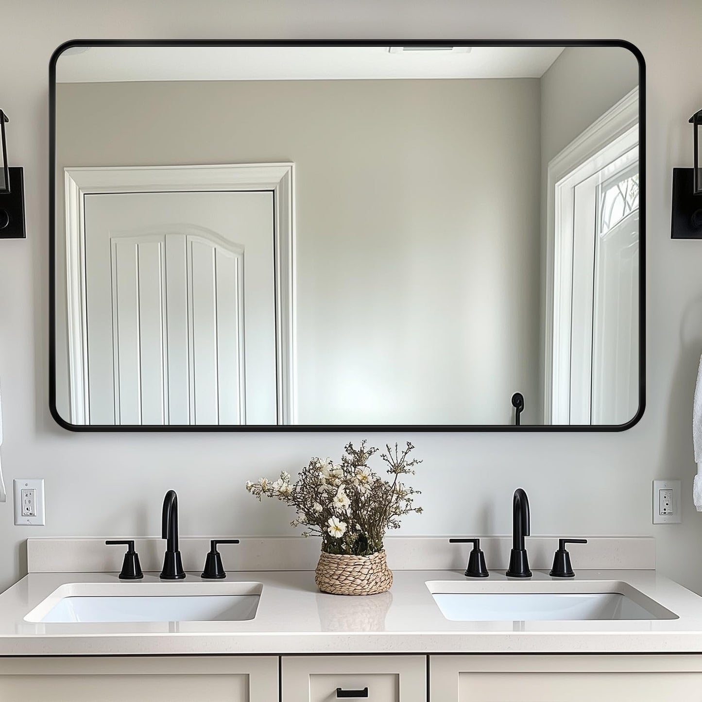 Bathroom Mirror, 48" x 30" Wall Mirror, Rectangular Aluminum Alloy Frame Contemporary Hanging Mirror for Living Room Bathroom Entryway, Black Rounded Corner