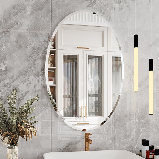 KOHROS Frameless Oval Mirror 20" x 28" Bathroom Wall Mirror w/Polished Beveled Edge, Anti-Rust, Tempered Glass (Silver)