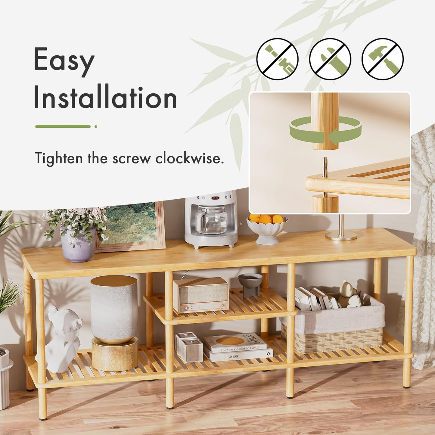 Amazer Bamboo TV Stand for 60 65 Inch TV, Entertainment Center with 3 Tier Open Storage Shelf, Wood TV Table for Living Room, Bedroom