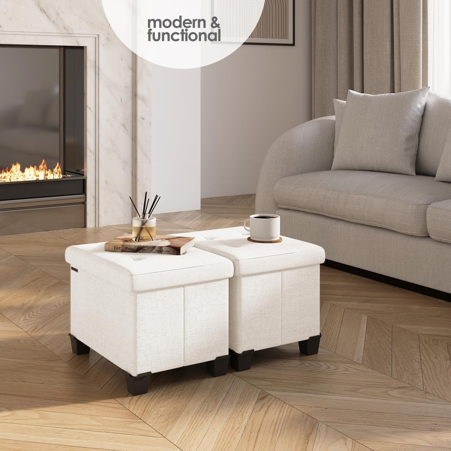 STORAGEBUD Storage Ottoman Cube with Small Bin, 16-in Square Ottoman with Storage for Living Room and Bedroom, Small Ottomans Foot Rest, Fabric Foot Stools Ottomans Max 330lbs, Cream